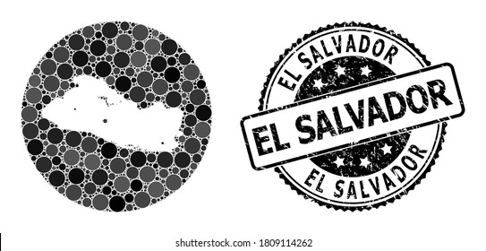 Vector mosaic map of El Salvador with round spots, and gray watermark stamp. Hole round map of El Salvador collage formed with circles in variable sizes, and dark gray color tints.