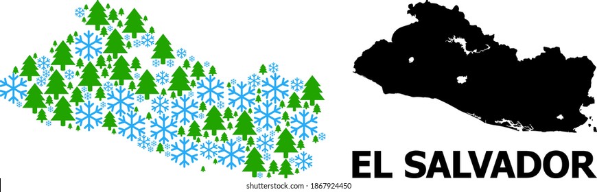 Vector mosaic map of El Salvador organized for New Year, Christmas, and winter. Mosaic map of El Salvador is made from snowflakes and fir trees.