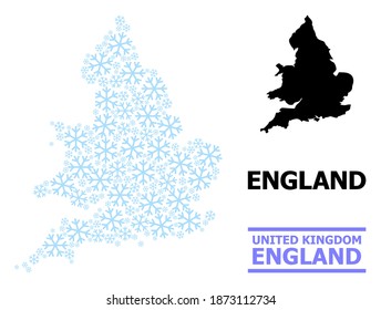 Mapa de mosaicos vectoriales de Inglaterra combinados para Año Nuevo, celebración de Navidad e invierno. El mapa mosaico de Inglaterra está hecho con elementos de nieve azul claro.