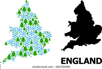 Vector mosaic map of England constructed for New Year, Christmas, and winter. Mosaic map of England is formed from snow flakes and fir-trees.