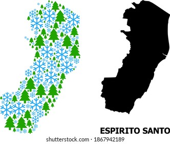 Vector mosaic map of Espirito Santo State organized for New Year, Christmas, and winter. Mosaic map of Espirito Santo State is designed from snow and fir forest.