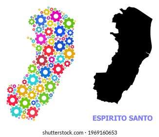Vector mosaic map of Espirito Santo State constructed for engineering. Mosaic map of Espirito Santo State is shaped of random bright gears. Engineering components in bright colors.