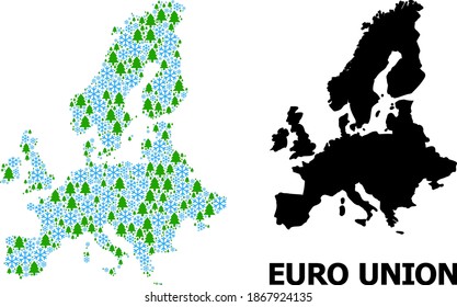Mapa vectorial de mosaicos de la Unión Europea creado para Año Nuevo, Navidad e invierno. Mapa mosaico de la Unión Europea creado de nieve y abetos.