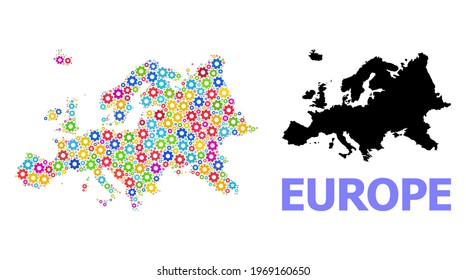 Mapa de mosaicos vectoriales de Europa organizado para la ingeniería. El mapa mosaico de Europa se hace con unos engranajes multicolores dispersos. Componentes de ingeniería en colores brillantes.