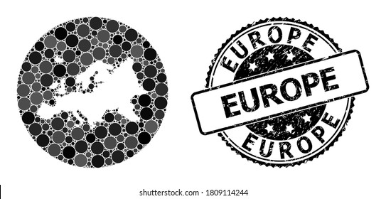 Vektormosaikkarte von Europa mit runden Elementen und grauem Gummidichtung. Subtraktionsrunde Karte von Europa Collage mit Kreise in verschiedenen Größen und dunkelgrauen Farbtönen.
