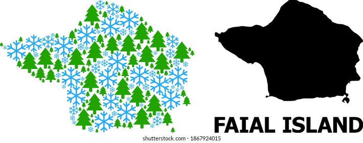 Vector mosaic map of Faial Island done for New Year, Christmas, and winter. Mosaic map of Faial Island is done of snow and fir trees.