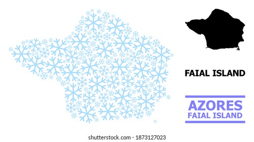 Vector mosaic map of Faial Island organized for New Year, Christmas celebration, and winter. Mosaic map of Faial Island is organized with light blue snow items.