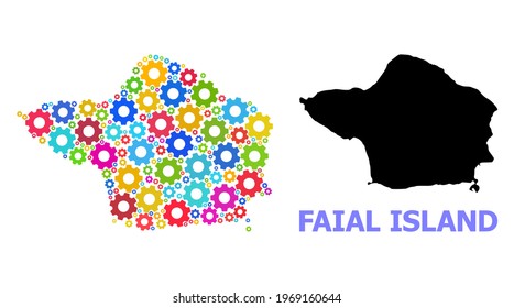 Vector mosaic map of Faial Island constructed for engineering. Mosaic map of Faial Island is constructed of random bright cogs. Engineering components in bright colors.