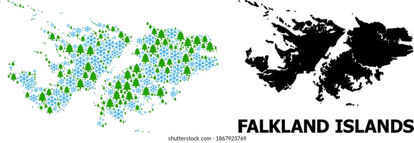 Vector mosaic map of Falkland Islands designed for New Year, Christmas, and winter. Mosaic map of Falkland Islands is composed of snow flakes and fir trees.