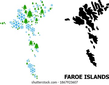 Vector mosaic map of Faroe Islands organized for New Year, Christmas, and winter. Mosaic map of Faroe Islands is constructed of snow and fir-trees.