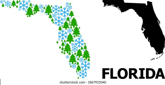 Vector Mosaic Map Of Florida State Created For New Year, Christmas, And Winter. Mosaic Map Of Florida State Is Constructed Of Snow Flakes And Fir-trees.