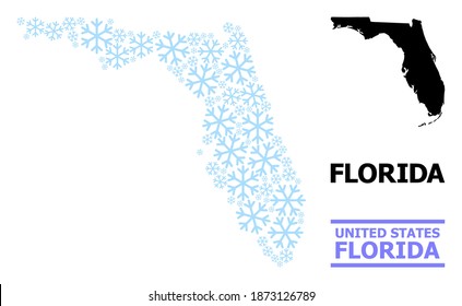 Vector Mosaic Map Of Florida State Organized For New Year, Christmas Celebration, And Winter. Mosaic Map Of Florida State Is Organized With Light Blue Snow Items.