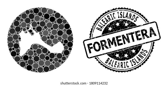 Mapa vectorial de mosaico de la isla de Formentera con elementos redondos y foca rayada gris. Mapa de la ronda de subtracción del collage de la isla Formentera compuesto por círculos de diferentes tamaños,