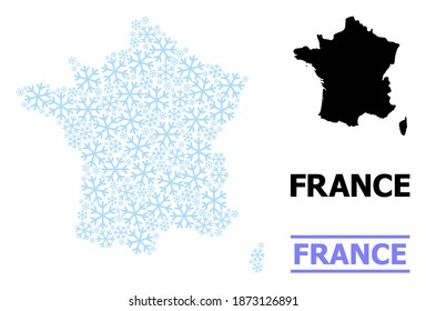 Vector mosaic map of France constructed for New Year, Christmas celebration, and winter. Mosaic map of France is constructed from light blue ice crystals.