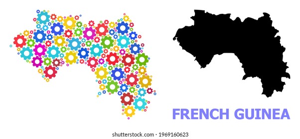 Vector mosaic map of French Guinea combined for services. Mosaic map of French Guinea is formed with random multi-colored gear wheels. Engineering components in bright colors.