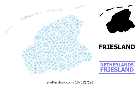 Vector mosaic map of Friesland Province created for New Year, Christmas celebration, and winter. Mosaic map of Friesland Province is done with light blue snowflakes.
