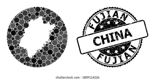 Vector mosaic map of Fujian Province with circle elements, and grey grunge seal stamp. Stencil circle map of Fujian Province collage designed with circles in various sizes, and dark grey shades.