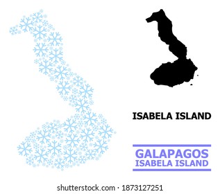 Mapa vectorial de mosaicos de Galápagos - Isla Isabela combinado para Año Nuevo, Navidad y invierno. Mapa mosaico de Galápagos - Isla Isabela está construido a partir de copos de nieve azul claro.