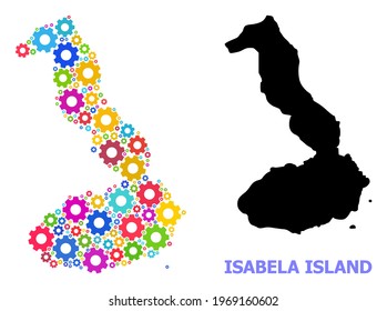 Vector mosaic map of Galapagos - Isabela Island combined for engineering. Mosaic map of Galapagos - Isabela Island is created with random multi-colored cogs. Engineering components in bright colors.