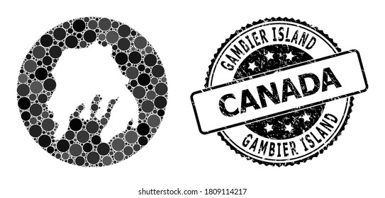 Vector mosaic map of Gambier Island with round dots, and grey grunge seal stamp. Stencil round map of Gambier Island collage created with circles in variable sizes, and dark grey color tints.