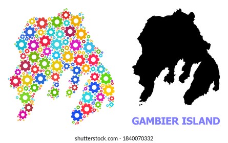 Vektormosaikkarte von Gambier Island, entworfen für Ingenieurwesen. Die Mosaikkarte von Gambier Island besteht aus randomisierten, hellen Zahnräder. Ingenieurskunst in hellen Farben.