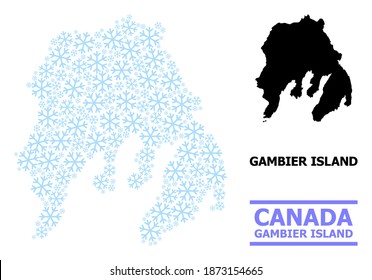 Vector mosaic map of Gambier Island combined for New Year, Christmas celebration, and winter. Mosaic map of Gambier Island is organized from light blue snow flakes.