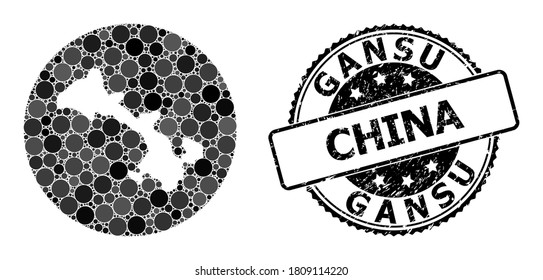 Mapa de mosaicos vectoriales de la provincia de Gansu con manchas redondas y sello de marca de agua gris. Mapa redondo de resta del collage de la provincia de Gansu formado con círculos de diferentes tamaños y tintes de color gris oscuro.