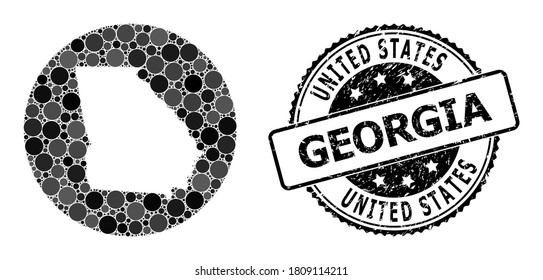 Vector mosaic map of Georgia State from round elements, and grey rubber seal stamp. Subtraction round map of Georgia State collage created with circles in different sizes, and dark grey color tints.