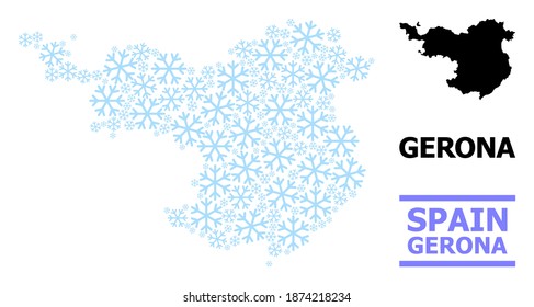 Mapa vectorial de mosaico de la provincia de Gerona creado para Año Nuevo, celebración de Navidad e invierno. El mapa mosaico de la provincia de Gerona es creado a partir de nieve azul claro.
