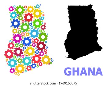 Vector mosaic map of Ghana constructed for engineering. Mosaic map of Ghana is shaped with random bright gear wheels. Engineering items in bright colors.