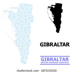 Vector mosaic map of Gibraltar done for New Year, Christmas celebration, and winter. Mosaic map of Gibraltar is designed of light blue snow elements.
