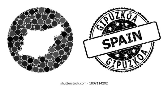 Mapa vectorial de mosaicos de puntos redondos de la provincia de Gipuzkoa y foca arañada gris. Mapa circular de esténcil de la provincia de Gipuzkoa formado con círculos de diferentes tamaños y tonos grises oscuros.