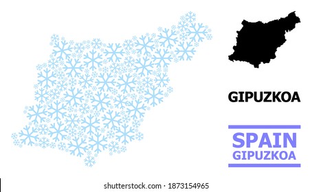Vektormosaikkarte der Provinz Gipuzkoa kombiniert für Neujahr, Weihnachtsfeiern und Winter. Die Mosaikkarte der Provinz Gipuzkoa ist aus hellblauen Schneegegenständen gebaut.