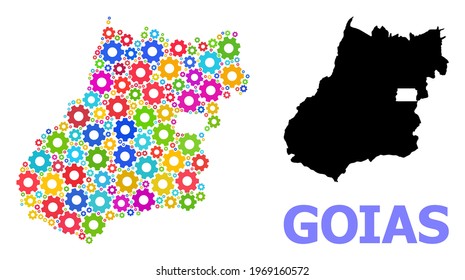 Vector mosaic map of Goias State done for workshops. Mosaic map of Goias State is organized with randomized bright gears. Engineering items in bright colors.