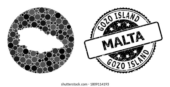 Vector mosaic map of Gozo Island with round blots, and grey scratched seal stamp. Subtraction round map of Gozo Island collage created with circles in variable sizes, and dark grey color tints.