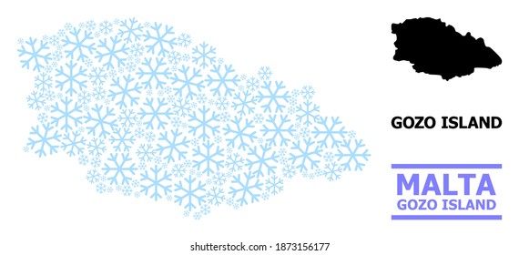Vector mosaic map of Gozo Island constructed for New Year, Christmas celebration, and winter. Mosaic map of Gozo Island is organized with light blue snow items.