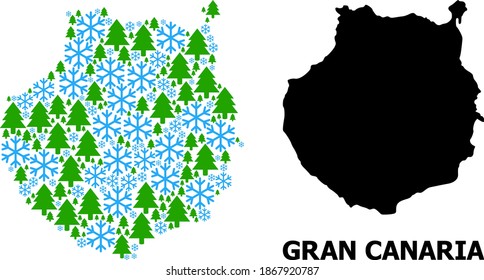 Vector mosaic map of Gran Canaria combined for New Year, Christmas, and winter. Mosaic map of Gran Canaria is constructed of snow flakes and fir-trees.