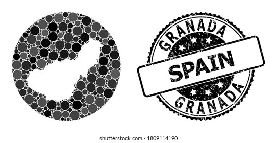 Vector mosaic map of Granada Province with circle elements, and grey grunge seal. Hole circle map of Granada Province collage formed with circles in various sizes, and dark gray color tints.