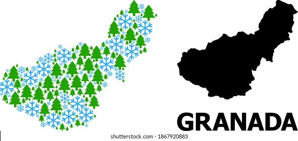 Vector mosaic map of Granada Province created for New Year, Christmas, and winter. Mosaic map of Granada Province is shaped of snowflakes and fir forest.