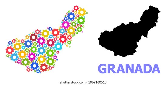 Vector mosaic map of Granada Province created for mechanics. Mosaic map of Granada Province is created from randomized bright cogs. Engineering components in bright colors.