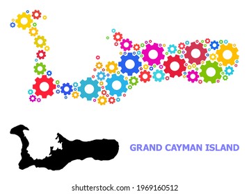 Vector mosaic map of Grand Cayman Island designed for engineering. Mosaic map of Grand Cayman Island is formed of randomized bright gear wheels. Engineering components in bright colors.