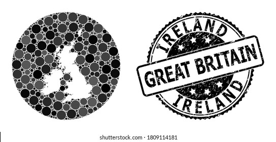 Mapa de mosaicos vectoriales de Gran Bretaña e Irlanda con elementos esféricos y sello de goma gris. Mapa del círculo de retracción del collage de Gran Bretaña e Irlanda diseñado con círculos de tamaños variables,