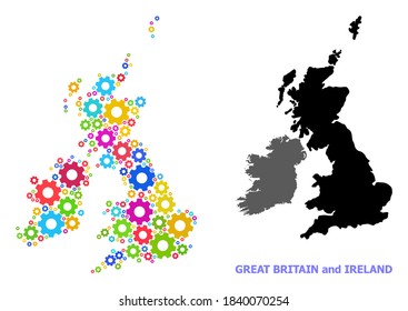 Vector mosaic map of Great Britain and Ireland constructed for engineering. Mosaic map of Great Britain and Ireland is made with randomized colorful gear wheels.