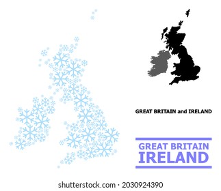 Vektormosaikkarte von Großbritannien und Irland, die für Neujahr, Weihnachtsfeiern und Winter geschaffen wurde. Mosaikkarte von Großbritannien und Irland wird aus hellblauen Schneeflocken erstellt.