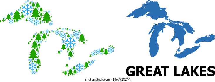 Vector mosaic map of Great Lakes combined for New Year, Christmas, and winter. Mosaic map of Great Lakes is formed with snow flakes and fir trees.