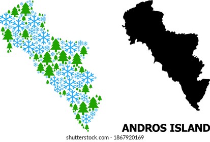 Vector mosaic map of Greece - Andros Island constructed for New Year, Christmas, and winter. Mosaic map of Greece - Andros Island is constructed of snow and fir forest.