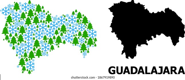 Vector mosaic map of Guadalajara Province done for New Year, Christmas, and winter. Mosaic map of Guadalajara Province is constructed with snow and fir forest.