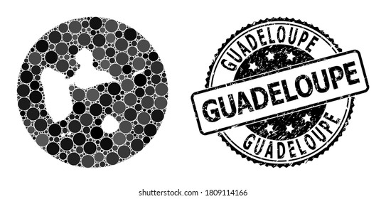 Vector mosaic map of Guadeloupe with circle elements, and grey watermark seal stamp. Subtraction circle map of Guadeloupe collage designed with circles in various sizes, and dark grey shades.