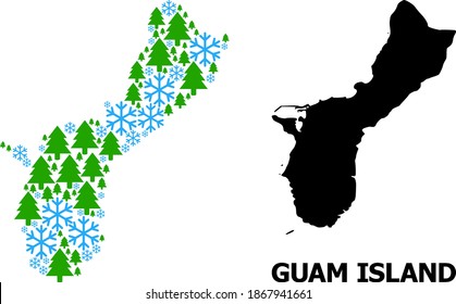 Mapa vectorial de mosaico de la isla de Guam diseñado para Año Nuevo, Navidad e invierno. El mapa mosaico de la isla de Guam está construido a partir de copos de nieve y abetos.