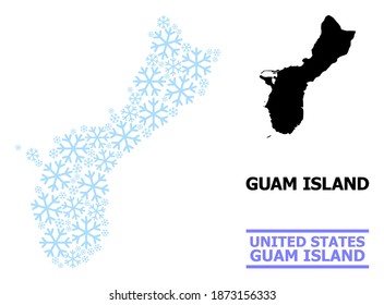 Vector mosaic map of Guam Island designed for New Year, Christmas celebration, and winter. Mosaic map of Guam Island is formed of light blue ice crystals.